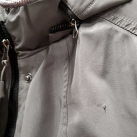 Med Length Winter Riding Jacket, zipper Hood *xc, clean, mnr undone seam stitching, sm hole
