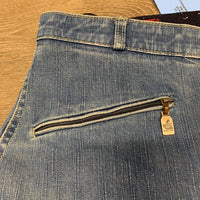 Denim Full Seat Breeches *fair, thin/v.rubbed seat & legs, older, snags, puckers, seam puckers
