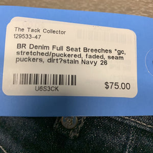 Denim Full Seat Breeches *gc, stretched/puckered, faded, seam puckers, dirt?stain