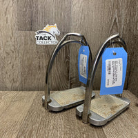 Pr Wide Base Stirrup Irons, Turned 'S' Top *gc, dirty, scratches, grips: dirt clumps
