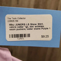 JUNIORS LS Show Shirt, velcro collar *gc, mnr wrinkles, seam puckers, collar stains
