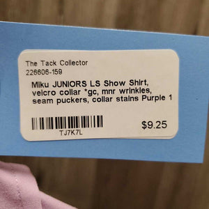 JUNIORS LS Show Shirt, velcro collar *gc, mnr wrinkles, seam puckers, collar stains