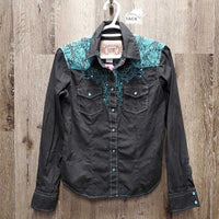 LS Western Shirt, snaps, bling, lace shoulders *gc, hairy, dirty, ?stains, crinkles, faded
