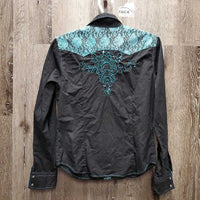 LS Western Shirt, snaps, bling, lace shoulders *gc, hairy, dirty, ?stains, crinkles, faded