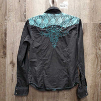 LS Western Shirt, snaps, bling, lace shoulders *gc, hairy, dirty, ?stains, crinkles, faded
