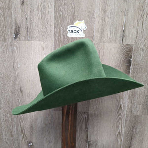 Green Felt Cowboy Hat, black ribbon hat band with feather *gc, mnr lint, hair, stained sweatband, misshapen