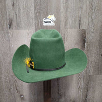 Green Felt Cowboy Hat, black ribbon hat band with feather *gc, mnr lint, hair, stained sweatband, misshapen
