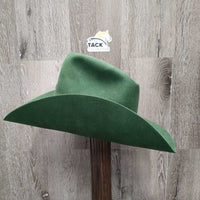 Green Felt Cowboy Hat, black ribbon hat band with feather *gc, mnr lint, hair, stained sweatband, misshapen
