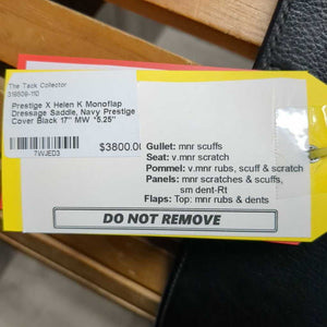 17" MW *5.25" Prestige X Helen K Monoflap Dressage Saddle, Navy Prestige Cover, XLg External Front Blocks, Synthetic Wool Flocking, Flaps: 16.25"L x 9.75"W Serial #: 17 34 07790220 *adjusted to 33cm 2021