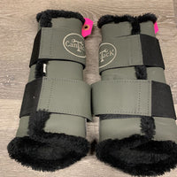 Pr Closed Boots, velcro, fleece lined *vgc, mnr dirt, hair, scuffs & scratches
