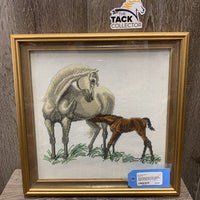 Cross Stitch Mare & Foal, Wood Frame Shadow Box *gc, dusty, mnr dings
