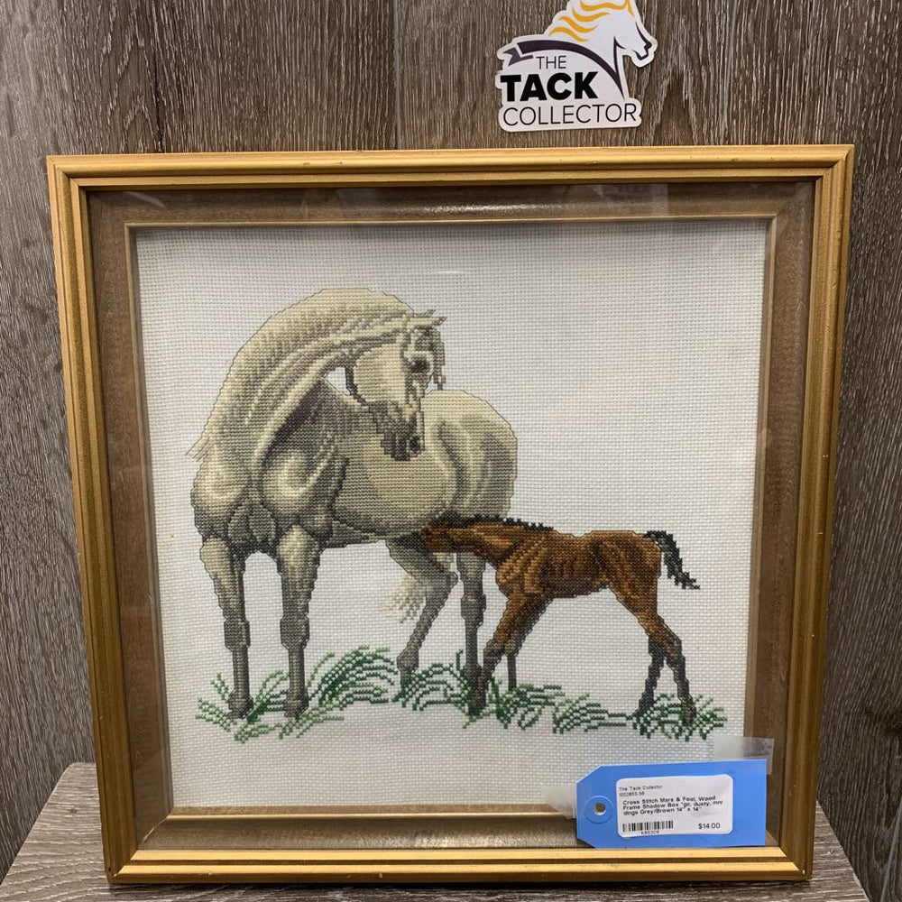 Cross Stitch Mare & Foal, Wood Frame Shadow Box *gc, dusty, mnr dings