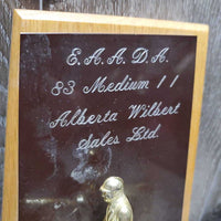 1983 Wall Mount English Horse & Rider Trophy, Wood Back *gc, loose plate, dirty, older
