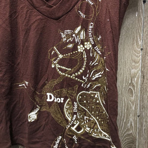 Christian Dior SS Silk Screened Bling V Neck T Shirt *fair, snags, pilly, cracked, hair, older, v.pilly/rubs, frayed edge