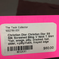 Christian Dior SS Silk Screened Bling V Neck T Shirt *fair, snags, pilly, cracked, hair, older, v.pilly/rubs, frayed edge
