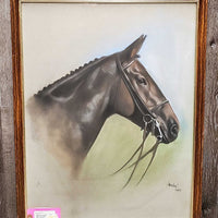 Original Art Pastel Horse Head - 1985, Wood Frame *gc, mnr dirt, stains, scratched dinged frame