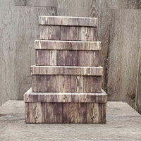 8 Assorted Sizes "Wood" Decorative Rigid Cardboard Storage Box, Lid *xc, discolored?faded edges, 1 lid cracked corners
