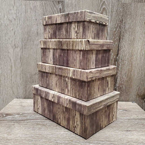 8 Assorted Sizes "Wood" Decorative Rigid Cardboard Storage Box, Lid *xc, discolored?faded edges, 1 lid cracked corners