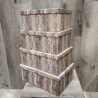 8 Assorted Sizes "Wood" Decorative Rigid Cardboard Storage Box, Lid *xc, discolored?faded edges, 1 lid cracked corners
