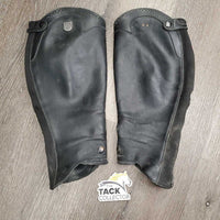 Leather Half Chaps *fair, dirt, stains, rubs, creases, unstitched seams, threads, 1 missing logo, thin spots
