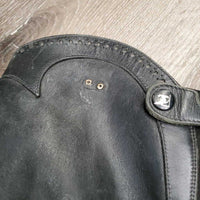 Leather Half Chaps *fair, dirt, stains, rubs, creases, unstitched seams, threads, 1 missing logo, thin spots
