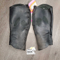 Leather Half Chaps *fair, dirt, stains, rubs, creases, unstitched seams, threads, 1 missing logo, thin spots
