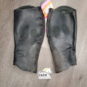 Leather Half Chaps *fair, dirt, stains, rubs, creases, unstitched seams, threads, 1 missing logo, thin spots