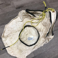 Hvy Canvas Keyhole Hay Bag, nylon string, hvy suede top corners *gc/fair, clean, older, v.stained, threads, dirty, missing grommet
