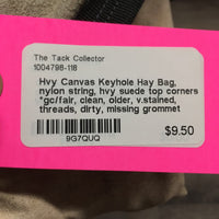 Hvy Canvas Keyhole Hay Bag, nylon string, hvy suede top corners *gc/fair, clean, older, v.stained, threads, dirty, missing grommet
