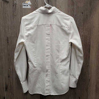 LS Show Shirt, buttons, attached snap collar, Roll up Sleeves *gc, older, snags, seam puckers, curled edges & collar
