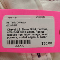 LS Show Shirt, buttons, attached snap collar, Roll up Sleeves *gc, older, snags, seam puckers, curled edges & collar
