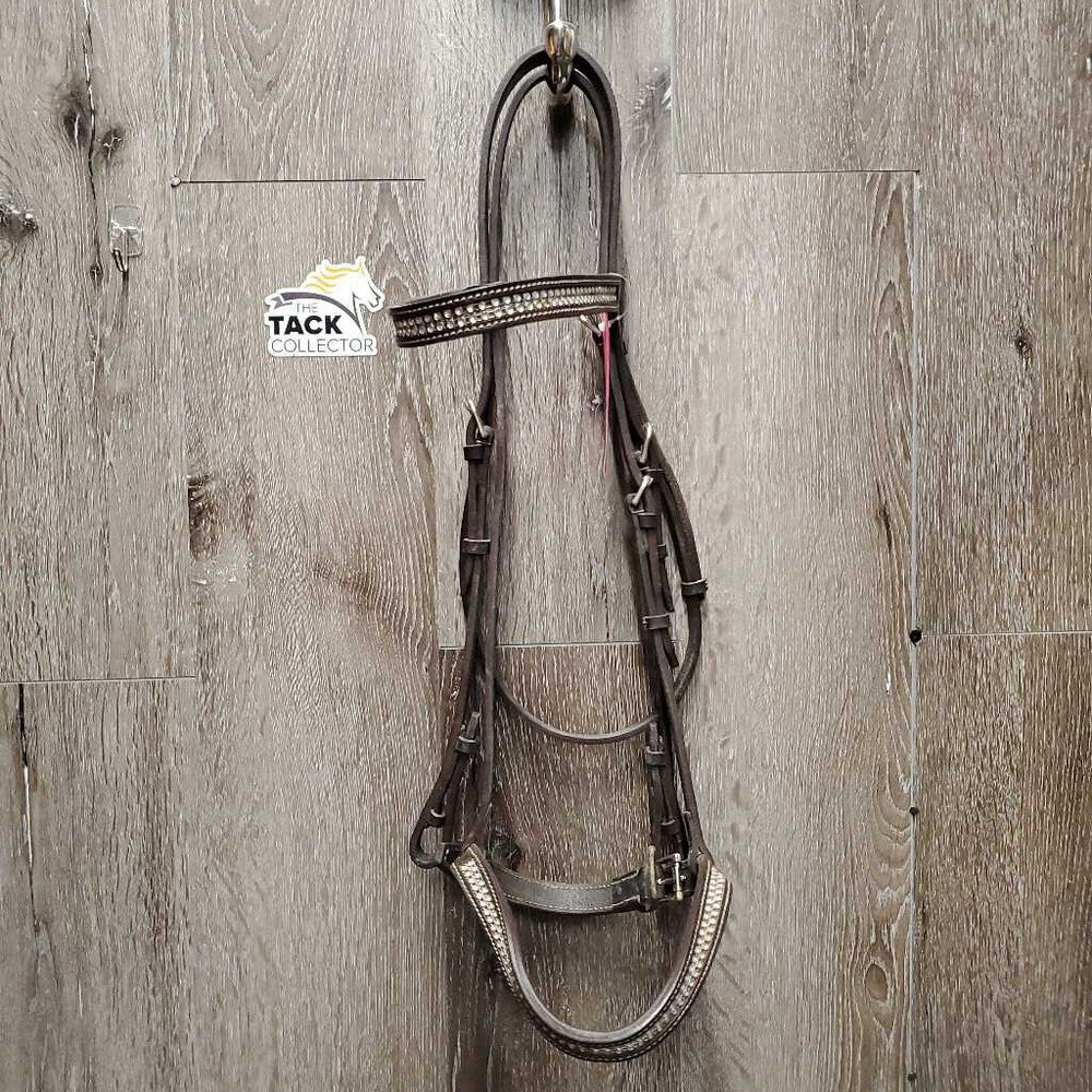 Flat Bridle, bling Nose & Brow *vgc, stiff, dirt, tight keeper, twists, loose bling corners