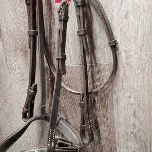 Flat Bridle, bling Nose & Brow *vgc, stiff, dirt, tight keeper, twists, loose bling corners