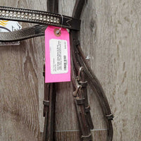 Flat Bridle, bling Nose & Brow *vgc, stiff, dirt, tight keeper, twists, loose bling corners