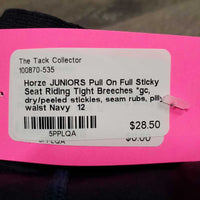 JUNIORS Pull On Full Sticky Seat Riding Tight Breeches *gc, dry/peeled stickies, seam rubs, pilly waist
