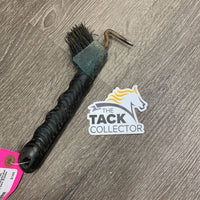 Thick Wrapped Plastic Hoof Pick, bristle brush *gc/fair, peeling/broken handle, rust, scraped, bent bristles
