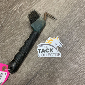 Thick Wrapped Plastic Hoof Pick, bristle brush *gc/fair, peeling/broken handle, rust, scraped, bent bristles