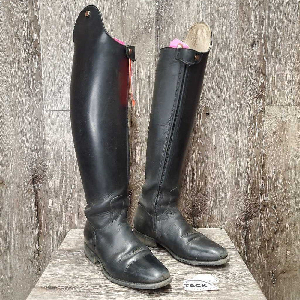 Pr Dressage Boots, zips, navy/tan Statler House Bag *gc, stiff zips, v.dirty, undone stitching, rubs, older, holey/thin edge