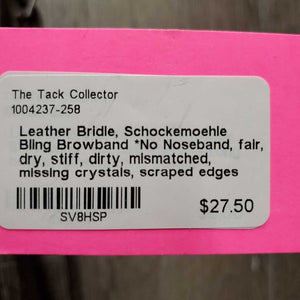 Leather Bridle, Schockemoehle Bling Browband *No Noseband, fair, dry, stiff, dirty, mismatched, missing crystals, scraped edges