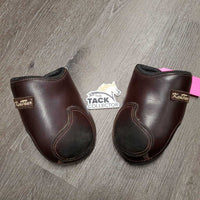 Pr Leather Hind Boots, tabs *gc/fair, clean & dirty, dent, scrapes, rubs, discolored, holey & torn lining
