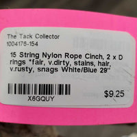 15 String Nylon Rope Cinch, 2 x D rings *fair, v.dirty, stains, hair, v.rusty, snags
