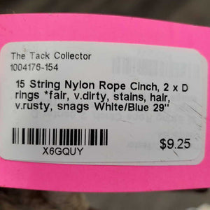 15 String Nylon Rope Cinch, 2 x D rings *fair, v.dirty, stains, hair, v.rusty, snags