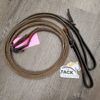 Pr Cotton Web Draw Reins, leather buckle loop ends *fair, chewed, dirty, loose buckles, older, rubs, frays, snags, dry, stains
