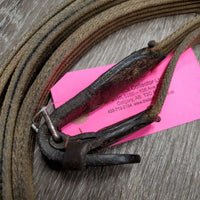 Pr Cotton Web Draw Reins, leather buckle loop ends *fair, chewed, dirty, loose buckles, older, rubs, frays, snags, dry, stains
