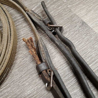 Pr Cotton Web Draw Reins, leather buckle loop ends *fair, chewed, dirty, loose buckles, older, rubs, frays, snags, dry, stains

