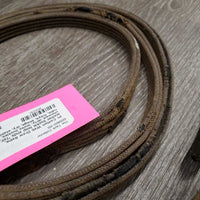Pr Cotton Web Draw Reins, leather buckle loop ends *fair, chewed, dirty, loose buckles, older, rubs, frays, snags, dry, stains
