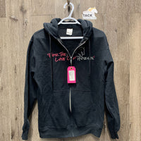 LS Fleece Hoodie "For The Love Of Horses" *vgc, hairy, puckers
