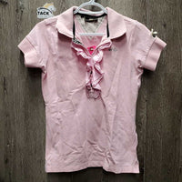 SS Polo Shirt, ruffles, 1/2 Button Up *vgc, older, collar: mnr curled & stains
