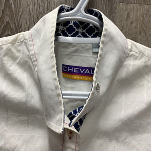 LS Show Shirt, attached snap collar, roll up sleeves *gc, mnr stains, shrunk?, older, seam puckers, crinkled