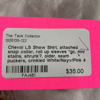 LS Show Shirt, attached snap collar, roll up sleeves *gc, mnr stains, shrunk?, older, seam puckers, crinkled
